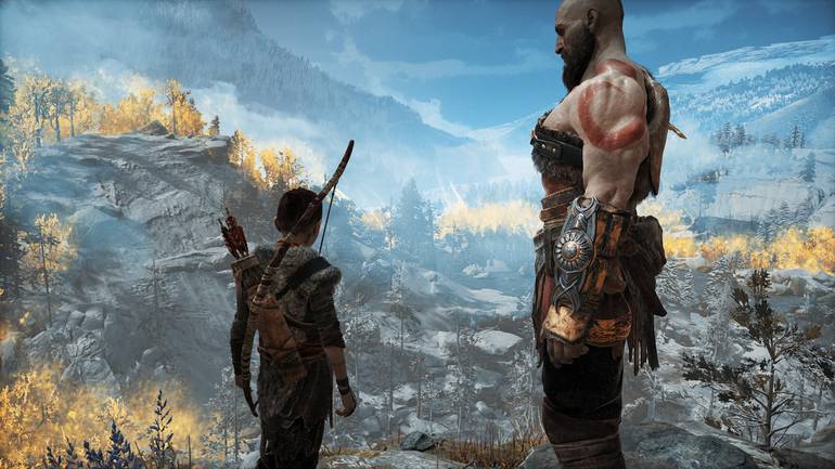 Kratos e Atreus olham o horizonte.