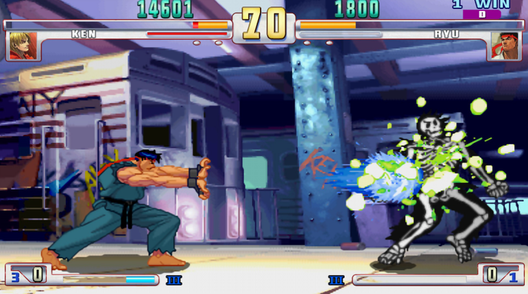 imagem de gameplay de street fighter 3 com ryu contra ken